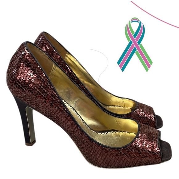 Martinez Valero Whisper Sequin Pumps Heels Peep Toe Brown Sparkle Party 8.5 - Picture 1 of 12